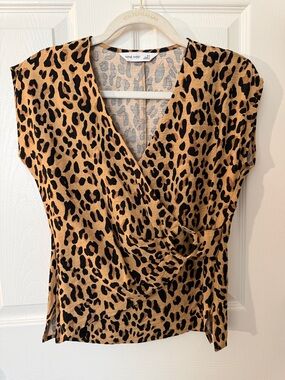 Nine West Leopard-Print Wrap Blouse in Tan and Black, NWT